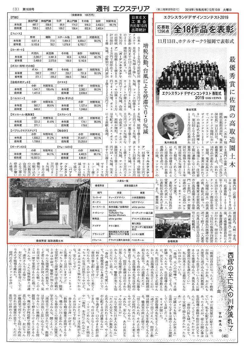 <p>2019年11月13日にホテルオークラ福岡において<br />
「エクシスランドデザインコンテスト2019」の表彰式が開催され、<br />
田主丸緑地建設のグリーンクリエーター小西範揚が審査員として参加しました。</p>
<p>&nbsp;</p>
<p>第13回となる今回は1296作品の応募があり8部門の金賞（8点）、銀賞（9点）、17点及び最優秀賞1点、合わせて18作品が表彰された。<br />
冒頭、鬼木社長はエクステリア業界が置かれている環境にふれ、住宅着工数に連動しない好調の業界の推移を示した後、同社推移も2018年度は前年比9％増となった。と報告、これもここに参加した皆様をはじめとした得意先各位のお陰と感謝の意を述べた。（記事一部抜粋）</p>