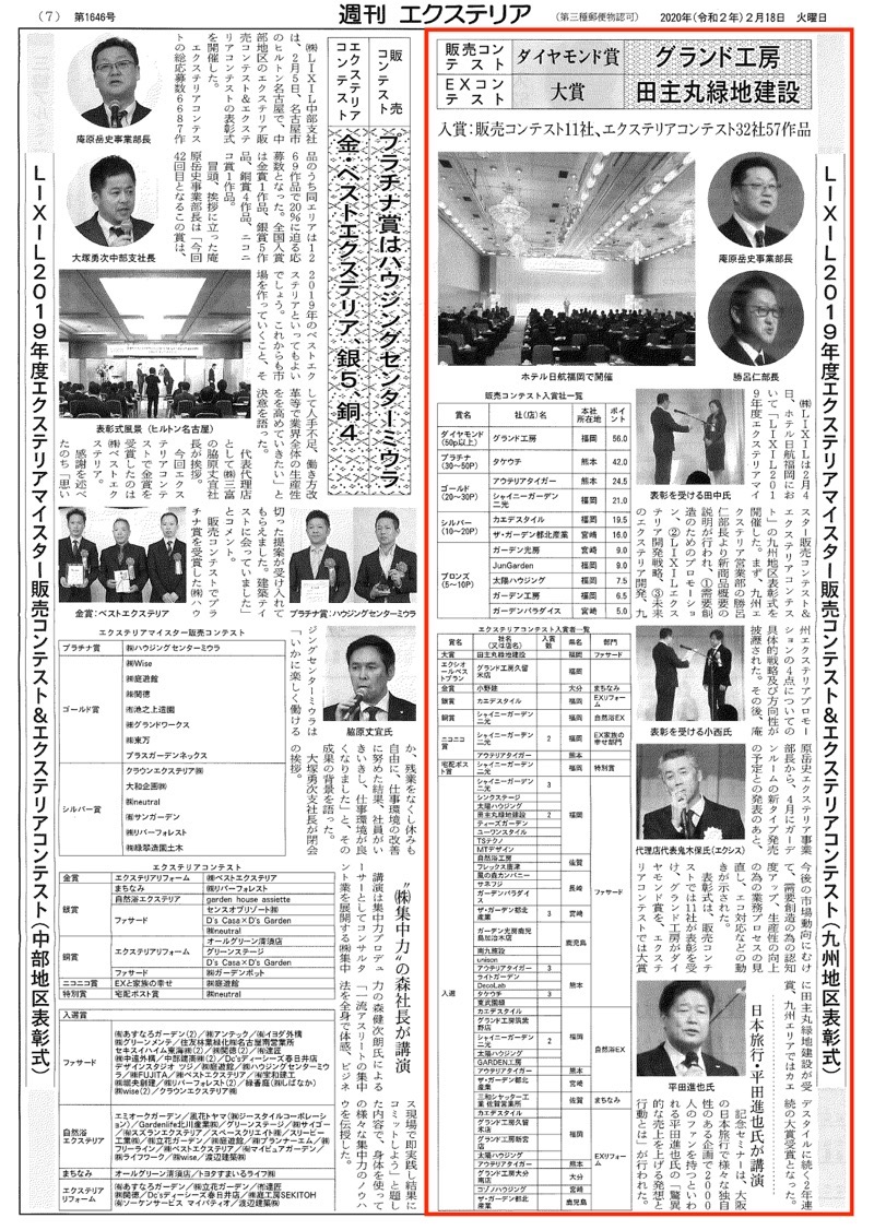 <p>2020年2月18日発行「週刊エクステリア」に<br />
「LIXIL2019年度エクステリアマイスター販売コンテスト＆エクステリアコンテスト」<br />
の九州地区表彰式の記事が掲載されました。</p>
<p>2月4日、ホテル日航福岡において開催されたこの表彰式に参加させていただきました。</p>
<p><a href="https://www.tanushimaru.co.jp/blog/burogu20200204.html"><b>表彰式参加の様子はこちら</b></a></p>