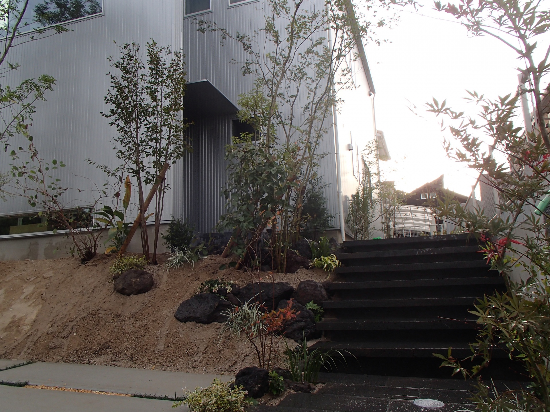 <p>石をあしらいながら、自然で雰囲気良くを心がけ、丁寧に植え付けていきます。<br />
この際も、下草の顔をチェックしながら、太陽の方角も考えて植え付けます。</p>