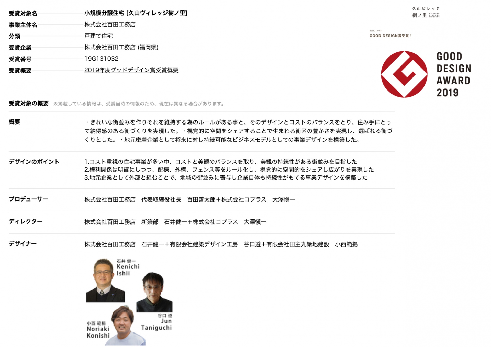 <p>グッドデザイン賞の公式HPにて、<br />
デザイナーとして掲載されています。</p>
<blockquote>
<p>〈受賞対象の概要〉<br />
きれいな街並みを作りそれを維持する為のルールがある事と、そのデザインとコストのバランスをとり、住み手にとって納得感のある街づくりを実現した。</p>
<p>〈デザインのポイント〉<br />
権利関係は明確にしつつ、配棟、外構、フェンス等をルール化し、視覚的に空間をシェアし広がりを実現した。</p>
<p>〈背景〉<br />
宅地開発は効率追求が優先され、敷地の広さ、建物のデザイン仕様がおざなりにされていることが特に地方では顕著であり、地元企業の責任として、いかに住み手に効用のある街をつくるかを考た。そこで独りよがりのデザイン、企画にならないように、街づくりの経験があるパートナーとコラボレートすることとした。効用として例えば、敷地面積はある程度確保しながら、外構デザインを設定し、面積以上の広がりを感じられる工夫をルール化した。また、きれいな街並みを実現することは当然として、それを維持していく仕組みもつくり、住み手にも説得力がある企画となった。建物は将来的には更新されていくため、その際のルールを明確にし、建物が更新されても街並みの美観が保たれるよう、植栽、外構のガイドラインを含む「まちなみ維持管理組」を組成。11区画の住民が住んでからも柔軟にルールを運用できるようにすることで街並みを維持管理しやすい仕組みとした。</p>
<p>〈経緯とその結果〉<br />
街並みとして、建築可能ラインを設け空間を広く見せるためアプローチの距離を多くとり、そのアプローチの外構、植栽をルール化することで、ゆったりとした、緑を感じる街並みとした。建物も、外壁の色合いや屋根の形状等の制限を加え、全体的な調和をはかり将来に向けて美観の維持を図れるようにした。<br />
また、住戸間でより快適に住みやすくするため、窓の開口についても制限として「優先面」、「配慮面」を設け、主に北側の配慮面の開口部は向かいの住宅と視線が直接バッティングしない工夫をして、より快適に住めるようにした。その他エアコン室外機等外部空間に設置されるものについても、敷地内に「建築可能エリア」「隣地配慮エリア」「景観優先エリア」「景観維持エリア」を設けそれぞれのエリアで制限事項を設定した。その結果、街並みとして美観を保ち、きれいな街並みとなった。ルールは浸透しており、倉庫等設置のルール変更が円滑に行われた。</p>
<p>〈審査委員の評価〉<br />
戸建分譲で、ルールを作って町並みを整える計画は近年ではしばしば見られる手法だが、今回比較的小さな開発である中でそれを行い、配置計画などで細やかな設計がなされていることが素晴らしい。人口が減少するこれからの時代、地方ではこうした小規模な開発の方が多くなることが予想されるが、こうした住宅地が豊かに作られることはますます重要になってくると思う。</p>
<p>公式HPより引用</p>
<p><a href="https://www.g mark.org/award/describe/49426?token=0MOx7d7WOm"><b>グッドデザイン賞公式HPページはこちら</b></a></p>
</blockquote>
