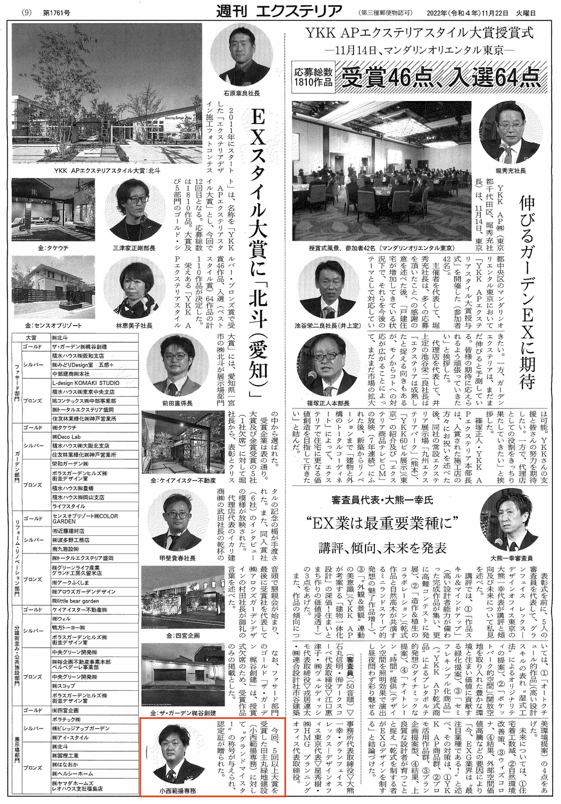 <p>2022年11月22日発刊「週刊エクステリア」に、</p>
<p>YKK AP株式会社のYKK APエクステリアスタイル大賞授賞式</p>
<p>について記事が掲載されました。</p>
<p> </p>
<p>11月14日に行われたYKK APエクステリアスタイル大賞授賞式では、</p>
<p>5度大賞を受賞させていただいた功績を評価していただき、</p>
<p>殿堂入りとなる <strong>”Grand Meister”</strong> の称号をいただきました。</p>
<p> </p>
<p> </p>
