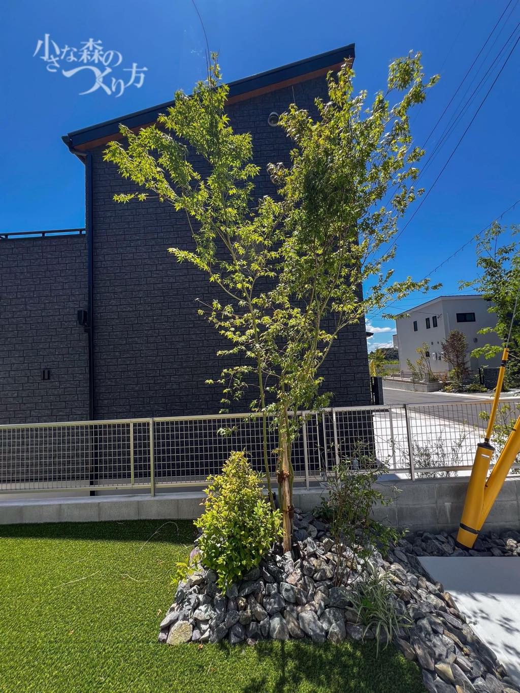 <p>シンボルツリーにはイロハモミジを。四季の移り変わりを感じさせてくれる人気の庭木です。こちらも足元に栗石を配置し、デザイン性と機能性をプラス。</p>